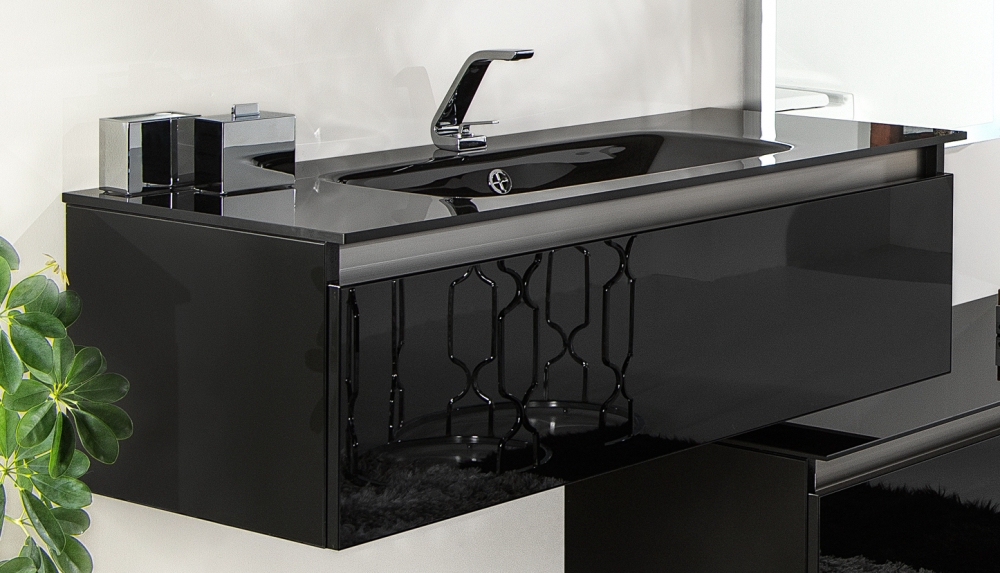 Acqua SLIM Waschtisch mit Waschtischunterschrank in Black Glass mit 1 Auszug, Waschbecken Variationen